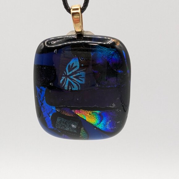Fused Glass Dichroic Necklace, Pendant, Black Cord, 18", Multicolor - Picture 3 of 10